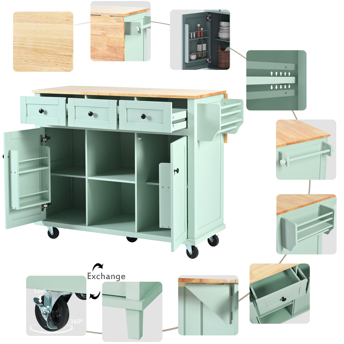 Novara Rubberwood Drop-Leaf Kitchen Island Cart, Mint Green