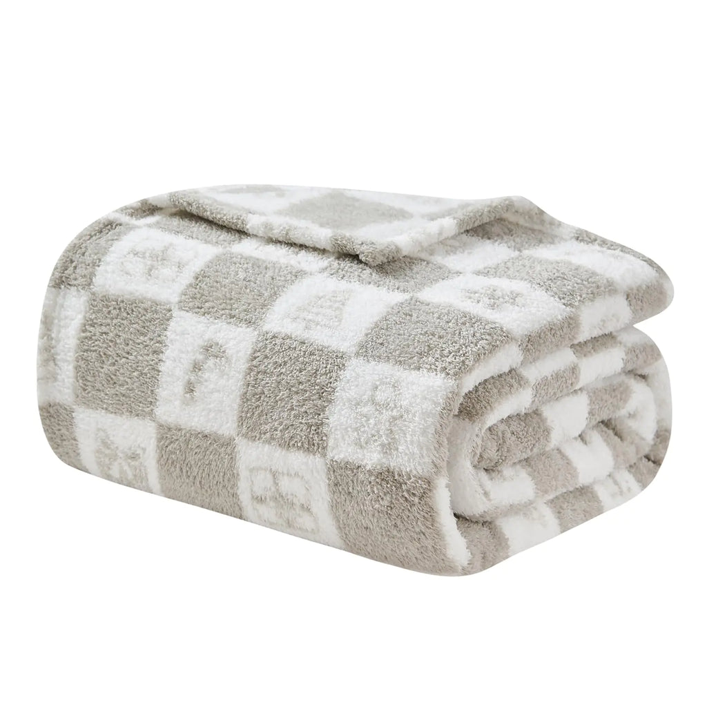 EMME Checkered Throw Blanket Cozy Fluffy Knit Throw Blankets - Grey Super Soft Warm Throw Blankets for Couch Sofa Chair Bed Camping Picnic Travel Lightweight Bed Blanket (108" x 90") n a