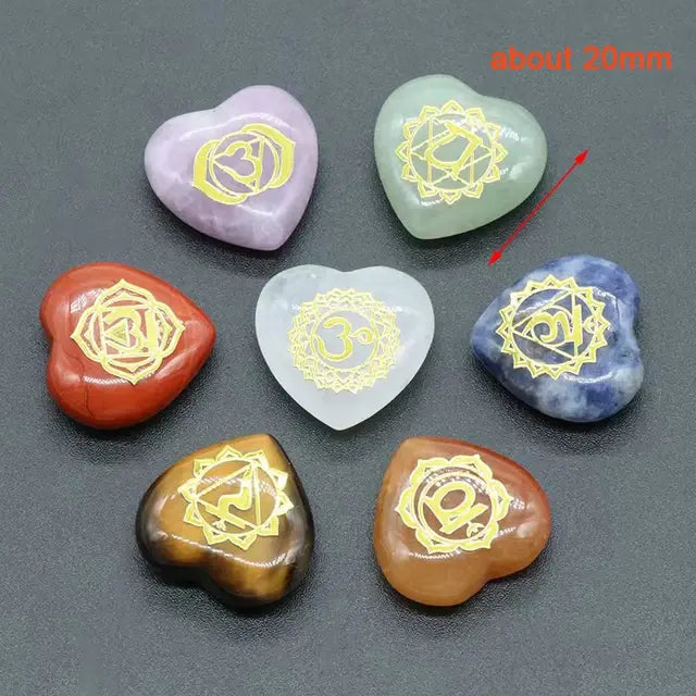 7Pcs Heart Chakra Natural Crystal Stones Quartz Set Engraved Symbols Yoga Stone for Jewelry Making Reiki Healing Meditation Assorted Colors 7Pcs(Heart)