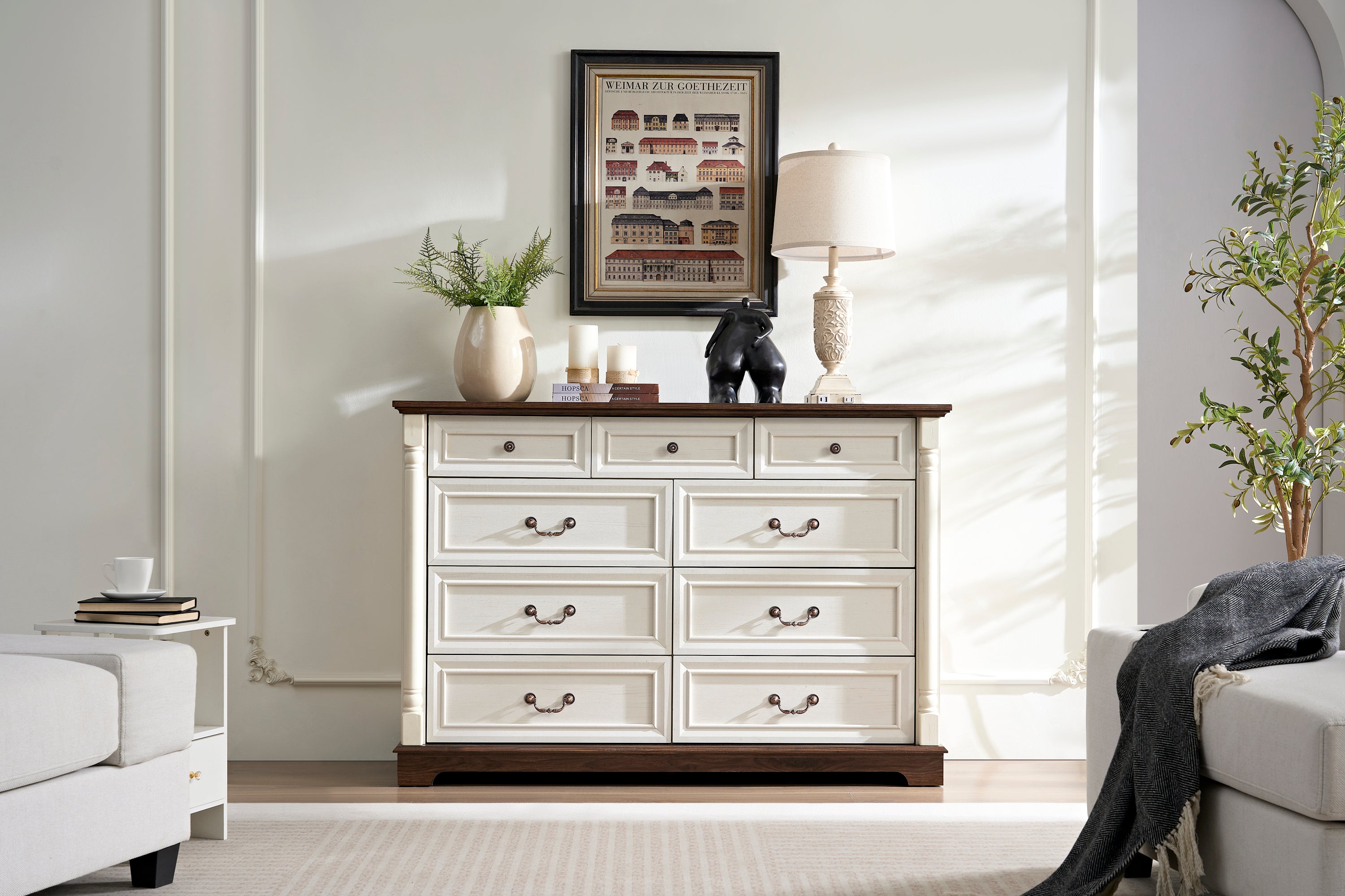 9 Drawer Dresser Chest for Bedroom with Wooden Base and Riser Trim, Wooden Rustic Rustic Chest of Drawers, Storage Dresser for Bedroom, Living Room