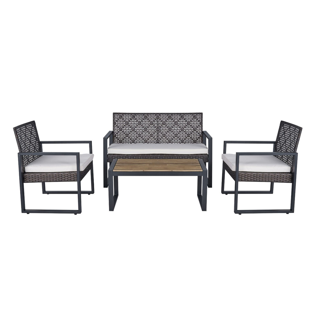 Modern 4-Piece Patio Furniture Set with Acacia Wood Table Top and Beige Cushions, Brown