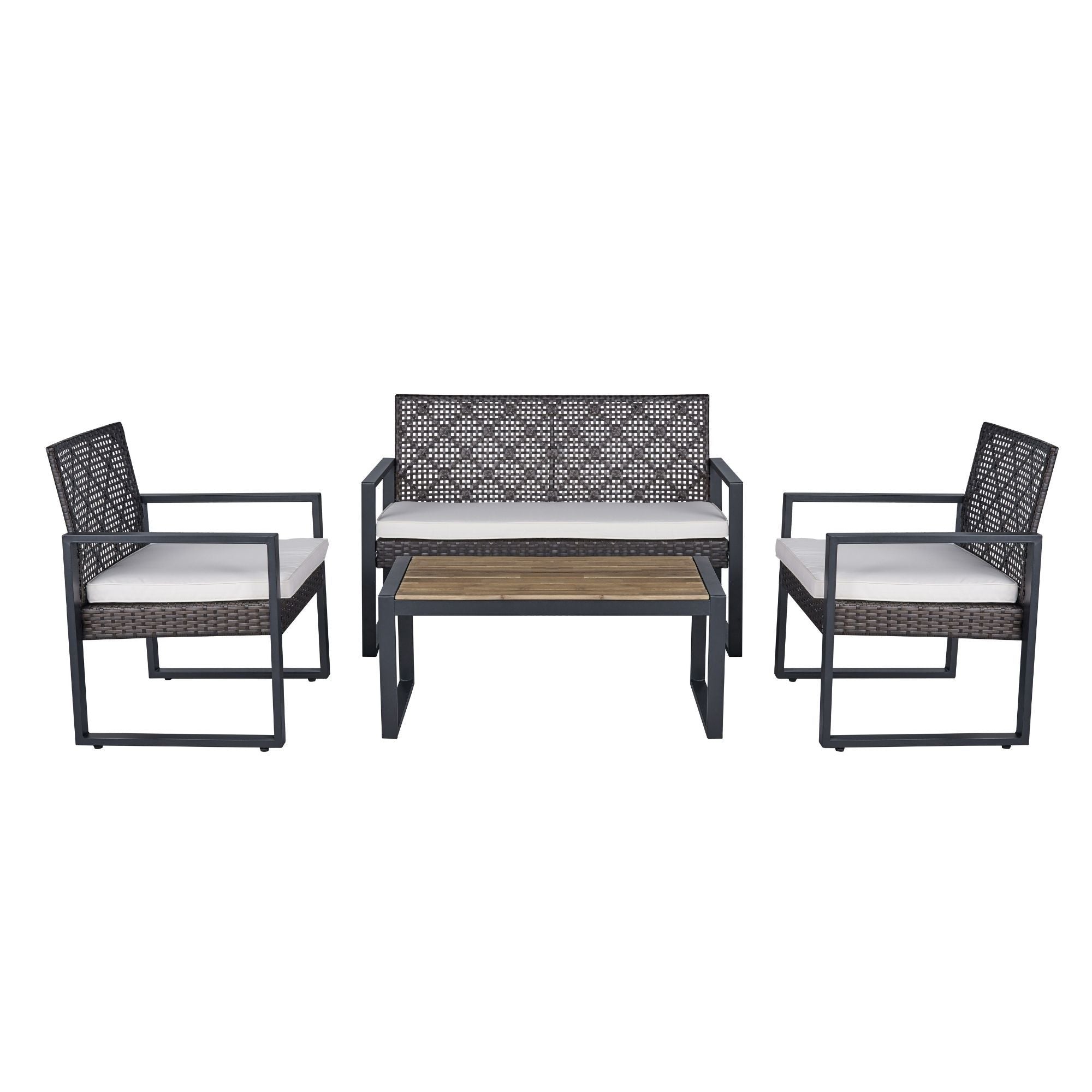 Modern 4-Piece Patio Furniture Set with Acacia Wood Table Top and Beige Cushions, Brown