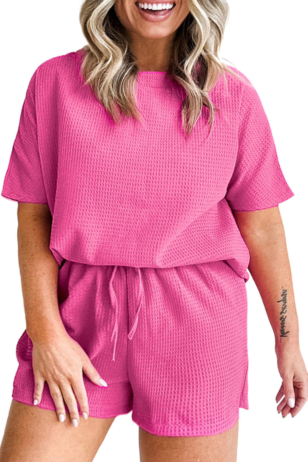 Rose Red Solid Waffle Knit Plus Size Two Piece Shorts Set - Eloy Royal