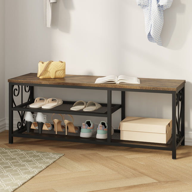 Vividwood Entryway Storage Bench with Shoe Rack, 47.2' Wide Hallway Bench with Seating, Rustic Wood Top & Metal Frame, 2-Tier Shoe Organizer for Entryway, Bedroom, or Living Room, Brown