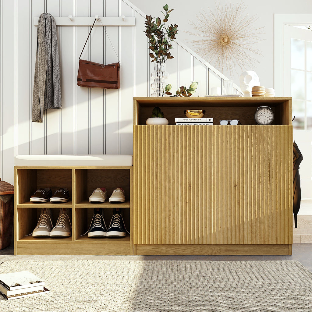 U_Style Livingroom Cabinet with Shoe Bench, 2 Doors and 3-Tier Adjustable Shelves, Entryway Bench with 4 Open Shoe Racks and Removeble Cushion, Storage Console Table with Wavy Slatted Door and Hooks