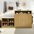 U_Style Livingroom Cabinet with Shoe Bench, 2 Doors and 3-Tier Adjustable Shelves, Entryway Bench with 4 Open Shoe Racks and Removeble Cushion, Storage Console Table with Wavy Slatted Door and Hooks