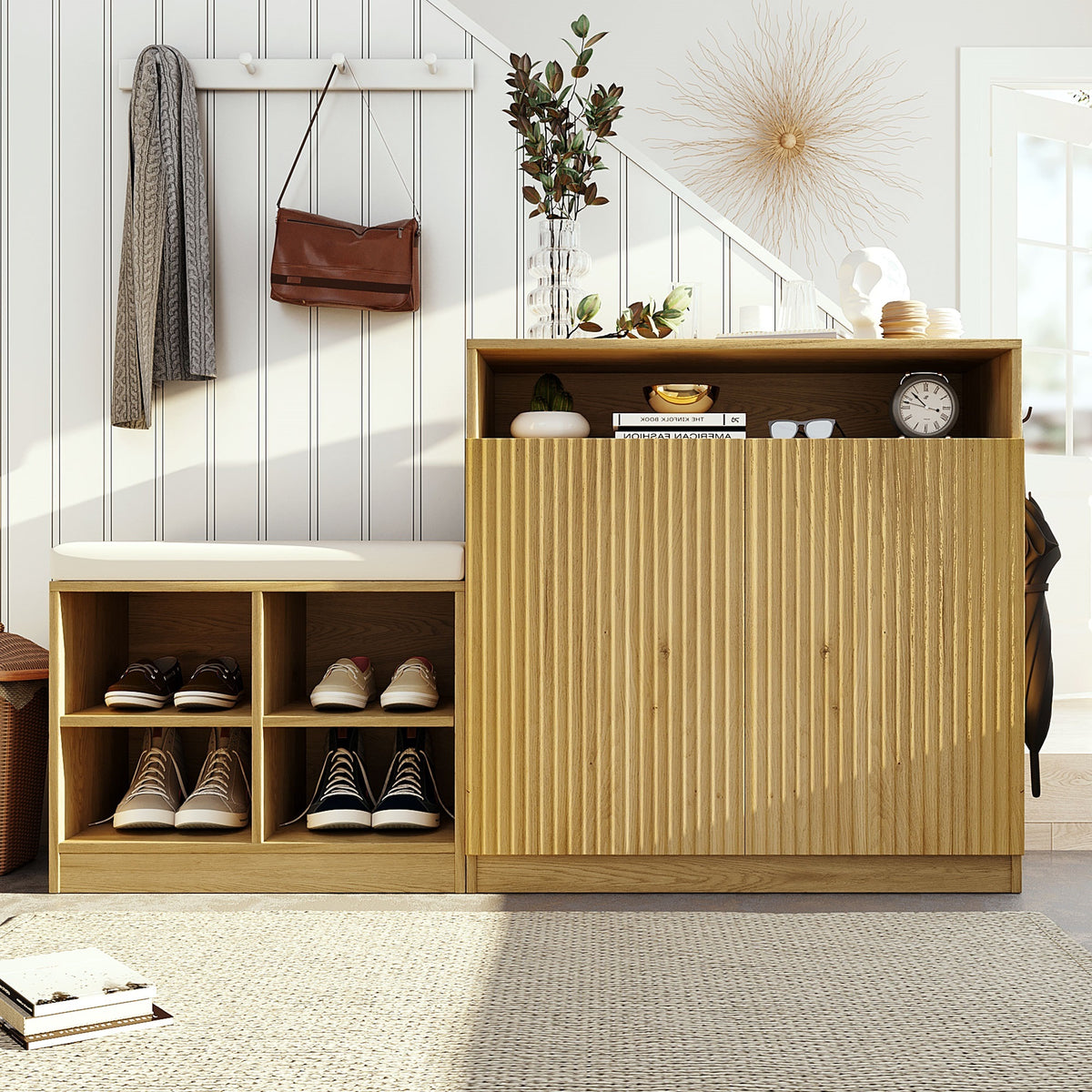 U_Style Livingroom Cabinet with Shoe Bench, 2 Doors and 3-Tier Adjustable Shelves, Entryway Bench with 4 Open Shoe Racks and Removeble Cushion, Storage Console Table with Wavy Slatted Door and Hooks