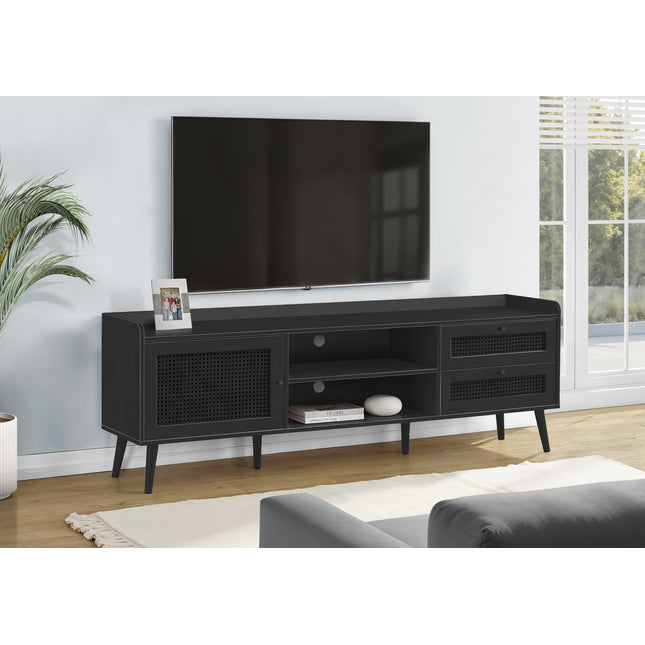 Tv Stand, 72 Inch, Console, Media Entertainment Center, Storage Cabinet, Living Room, Bedroom, Black Laminate, Wood Legs, Transitional