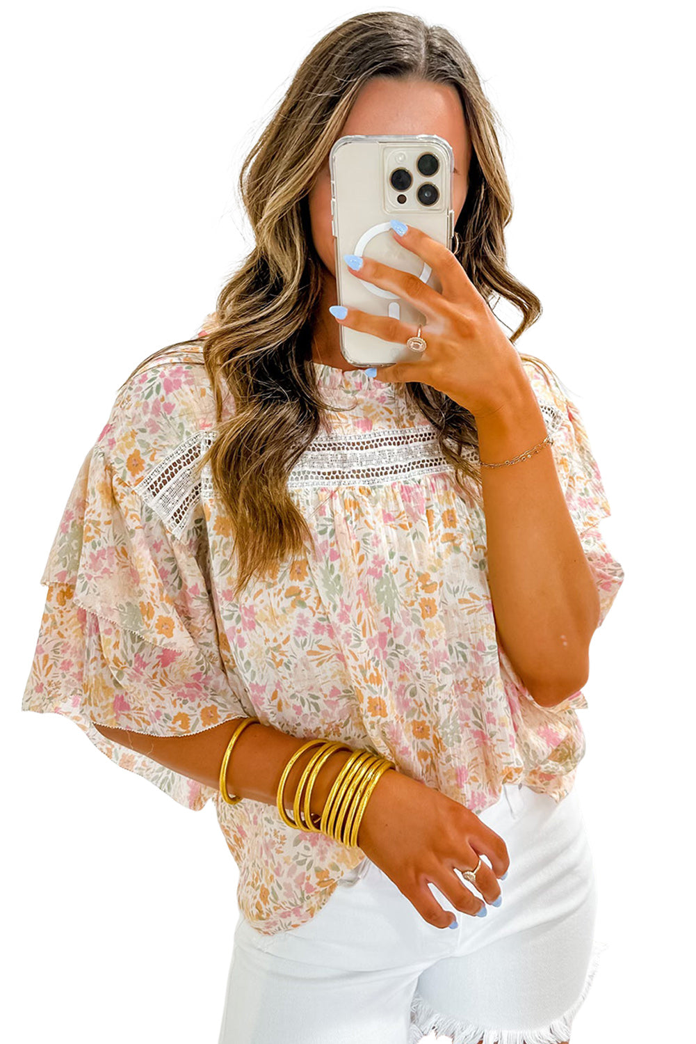 Multicolor Floral Print Wide Batwing Sleeves Blouse - Eloy Royal