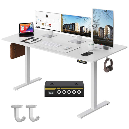 63'×28' White Electric Height Adjustable Desk, height adjustable with 3 custom height memory presets, equipped with child lock. Ideal for home & office use, perfect as computer work desk, workstation