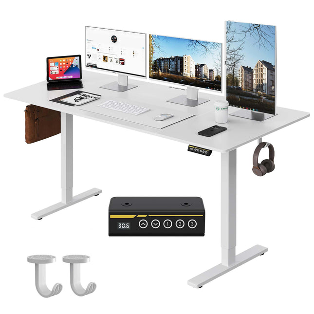63'×28' White Electric Height Adjustable Desk, height adjustable with 3 custom height memory presets, equipped with child lock. Ideal for home & office use, perfect as computer work desk, workstation
