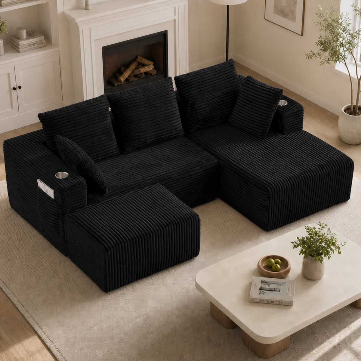95''modular combination sofa with L-shaped lounge chair, Four seater boneless design with footrest