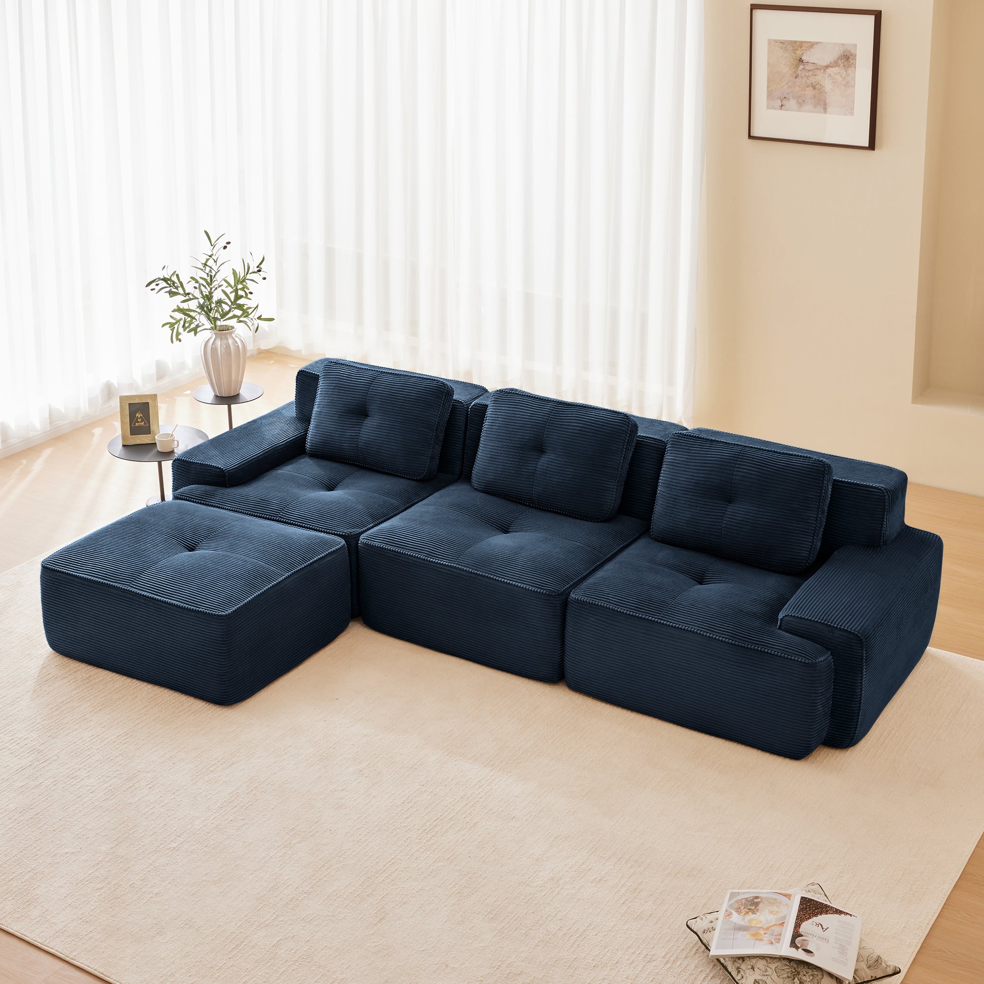 117' Modern L-Shaped Modular Sectional Sofa for Living Room, Corduroy Fabric,3-Seater Couch with Deep Seat and Movable Ottoman,Pearl-like piping, Tufted Design,No Assembly, Anti-slip Design, Blue