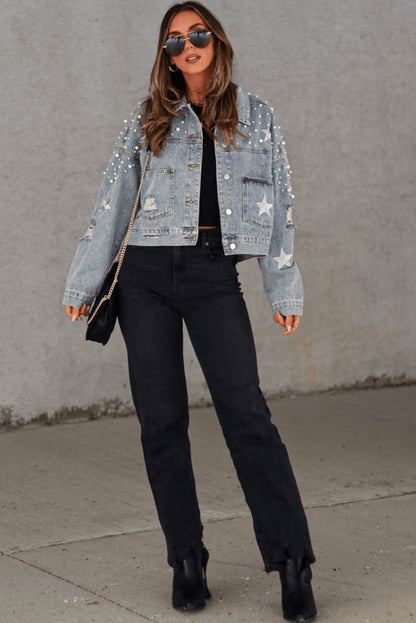 Wholesale Sky Blue Distressed Pearls Star Cropped Denim Jacket - Eloy Royal