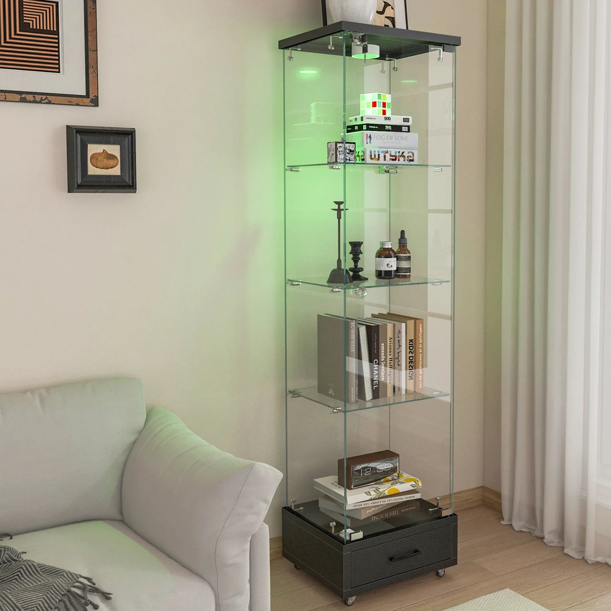 Modern Glass Display Cabinet with Drawer , Quick-assembly Antique Cabinet with LED lights, Tempered Glass Bookshelf, 1-Door Storage Case with 4 Shelves for Living Room and Bedroom, black - Eloy Royal
