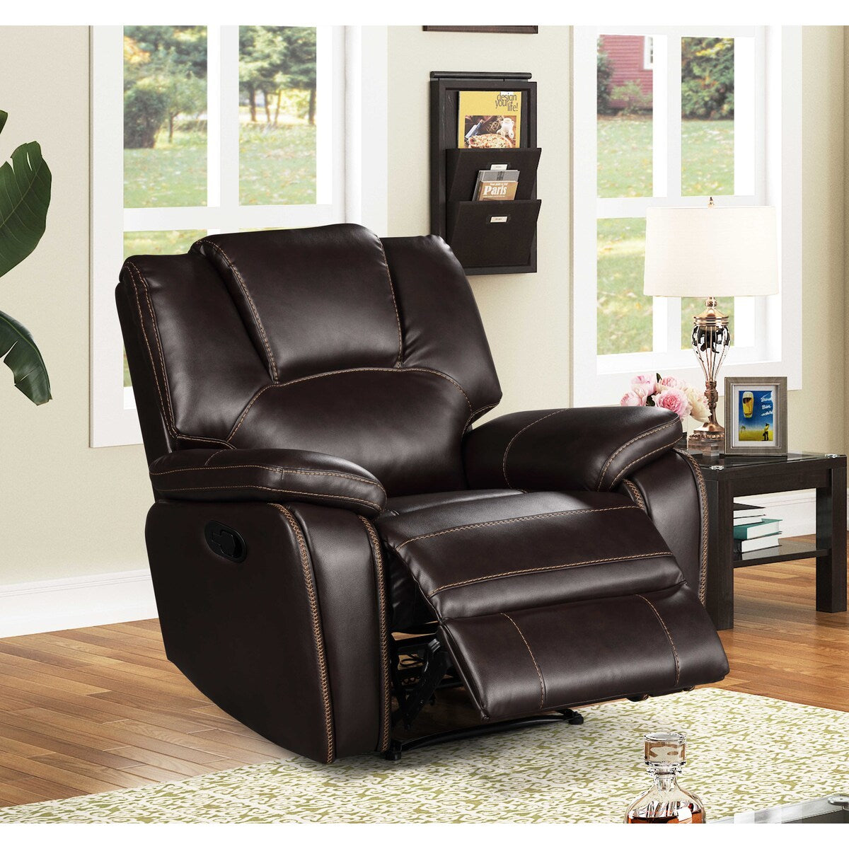 Dark Brown Breathable Air Leather Manual Recliner with USB, Plush Pillow Top Upholstered Armchair