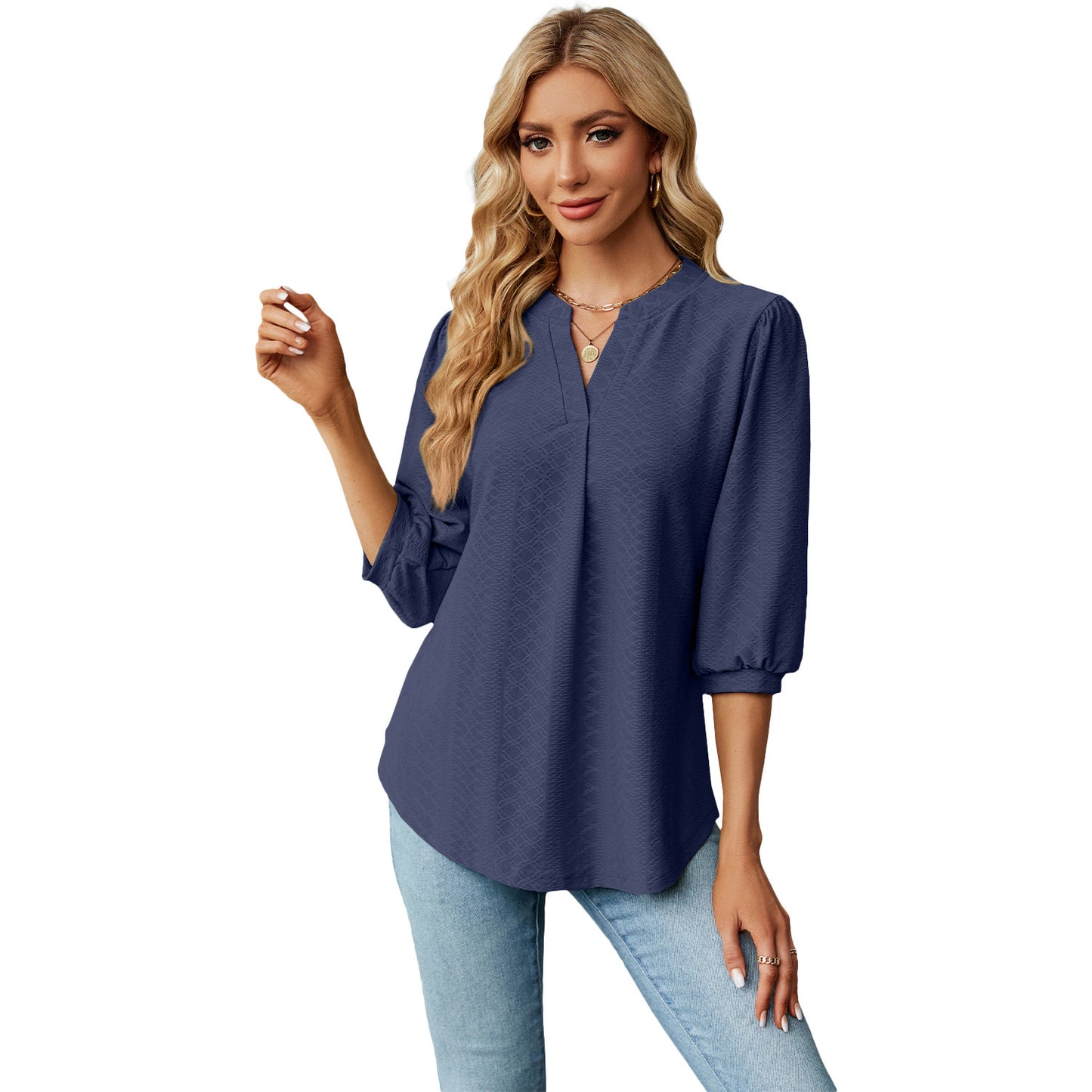 Solid Color Lace Collar Jacquard Long Sleeve Loose-fitting T-shirt Top