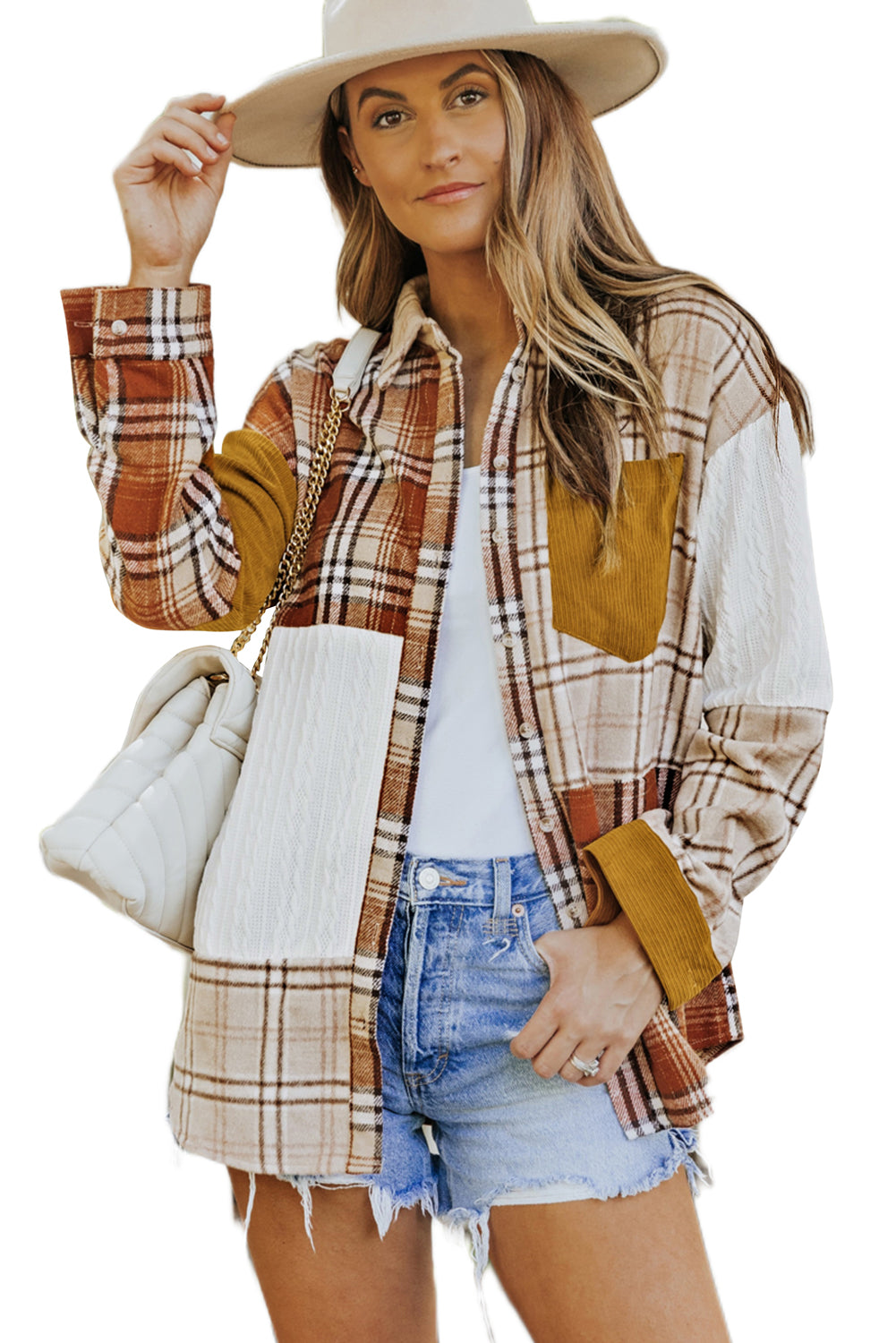 Orange Plaid Color Block Patchwork Pocket Shirt Shacket - Eloy Royal