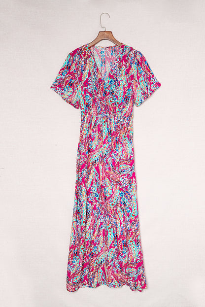 Wholesale Rose Boho Abstract Print V Neck Short Sleeve Maxi Wrap Dress - Eloy Royal