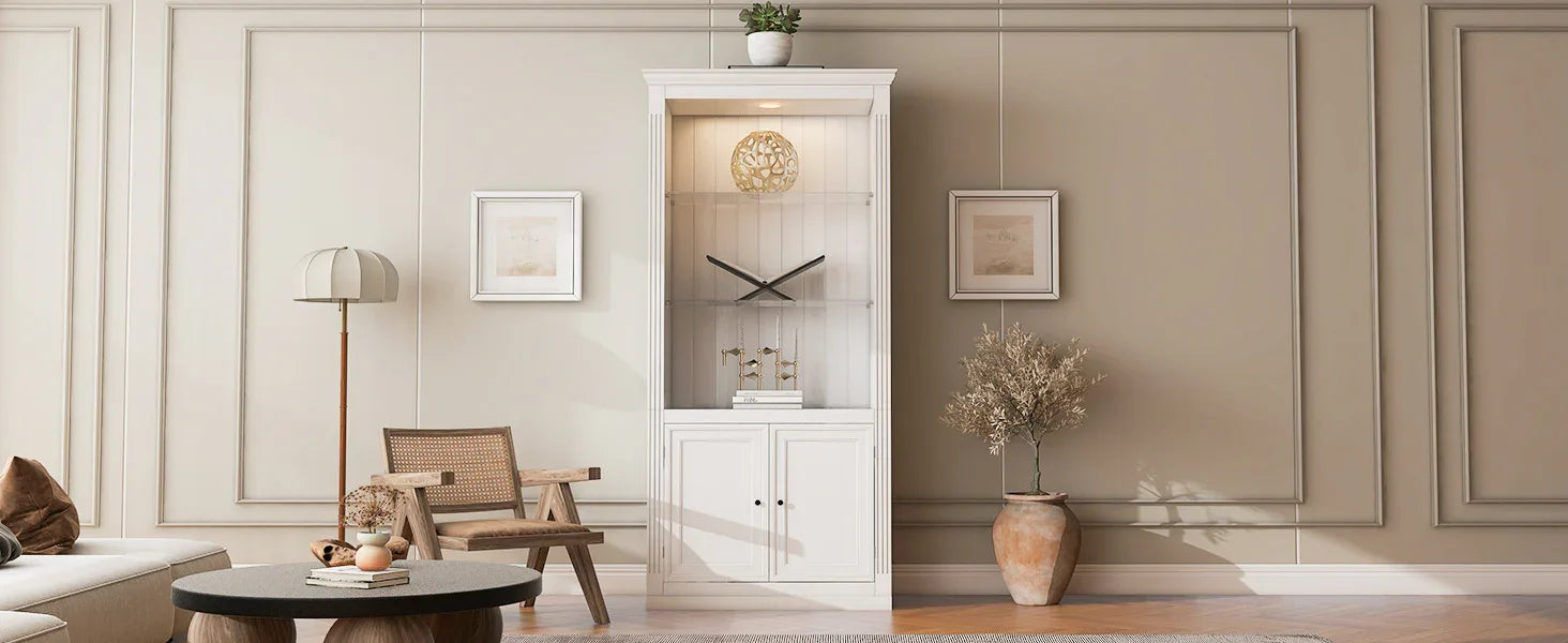 78.75''H 4-Tier Display Shelf, with 5-Colors Dimmable Ceiling Light, Freestanding Farmhouse Bookcases with Storage & Doors, Bookshelf with Adjustable Glass Shelves for Home & Office - White - Eloy Royal