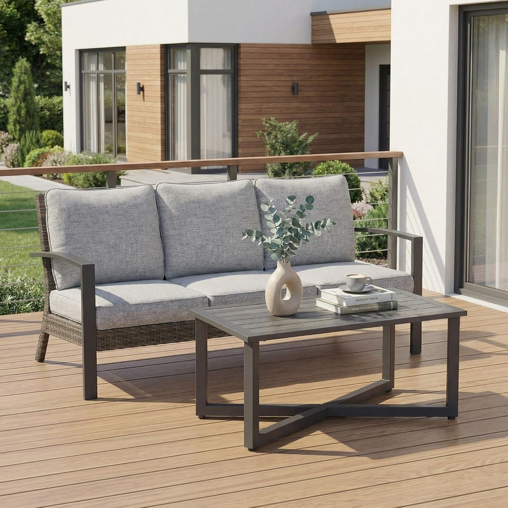 Patio Sofa with Coffee Table, Wicker Outdoor Couch with Cushions for Pool, Porch, Gray