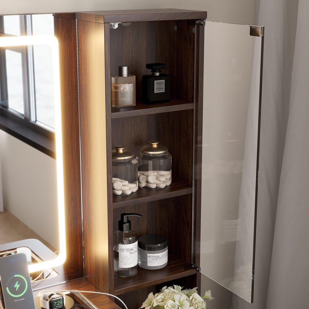 43.5' Fluted Makeup Vanity Desk with Mirror and Lights, Modern Glass Top Vanity Table with 10 Drawers & 2 Transparent Glass Cabinets, Dressing Table Set with Stool and Charging Station, Brown - Eloy Royal