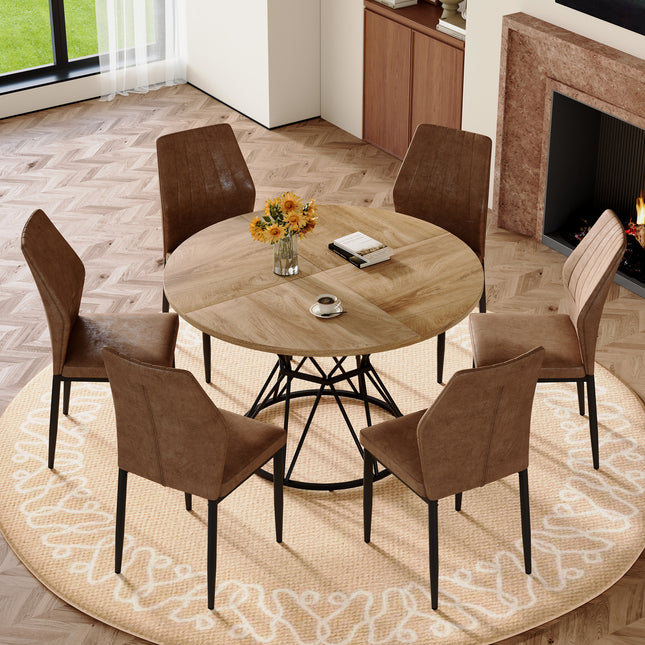 Table and Chair Set.A wood MDF table with a diameter of 47.3 inches,black hourglass shaped metal brackets. Paired with 6 brown technology fabric dining chairs With Black Metal Legs.