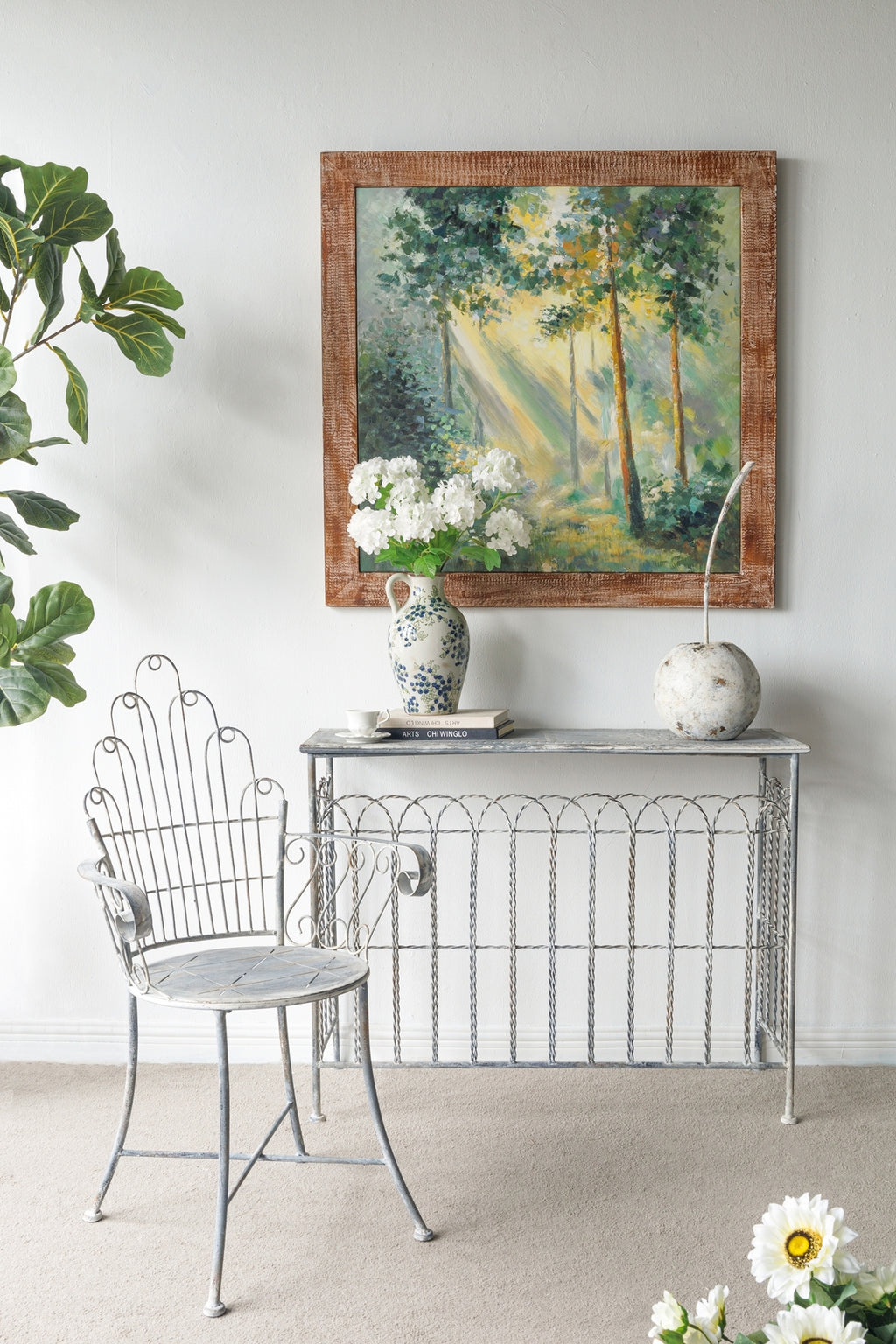 39.4x39.4x1.2' Hand-Painted Morning Forest Wall Art with Distressed Wood Frame