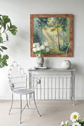 39.4x39.4x1.2' Hand-Painted Morning Forest Wall Art with Distressed Wood Frame