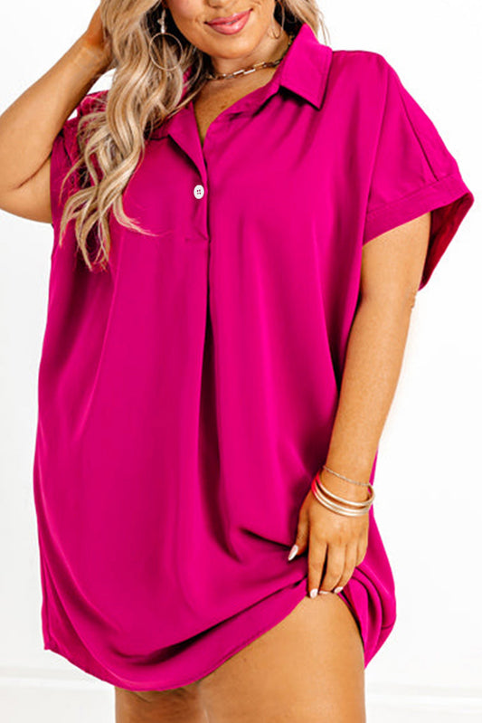 Bright Pink Collared V Neck Short Sleeve Plus Size Dress - Eloy Royal