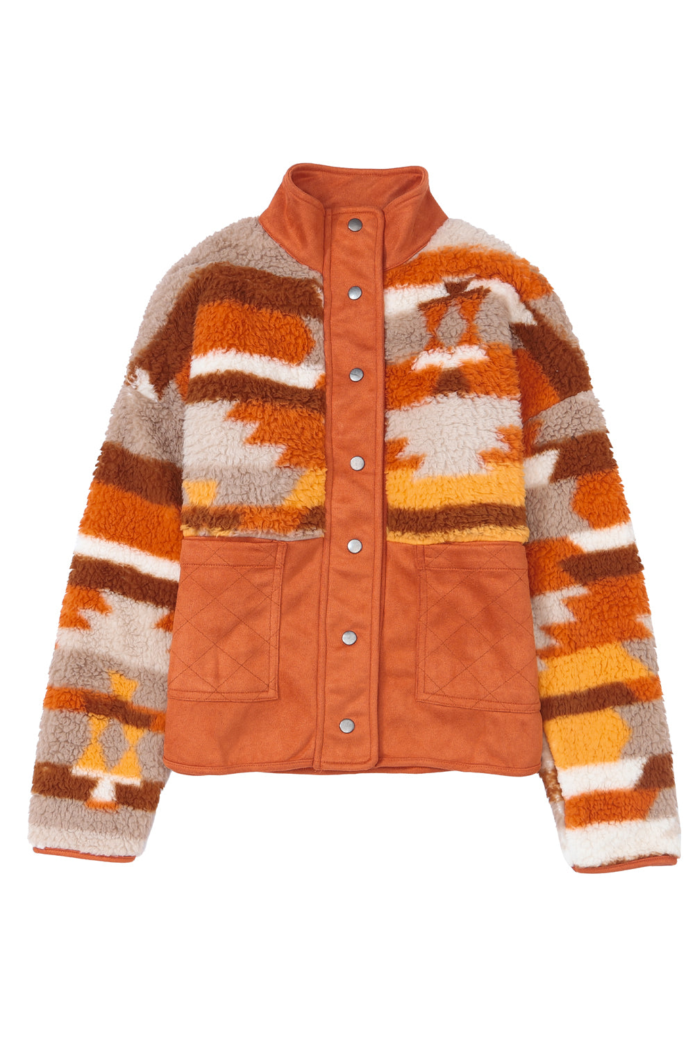 Brown Striped and Geometric Fleece Jacket with Quilted Patch Pockets - Eloy Royal