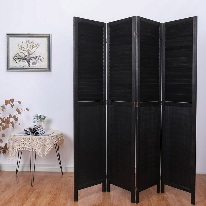 Black 4 Panel Foldable Room Divider, Rustic Wood Window Shutter Style Room Divider