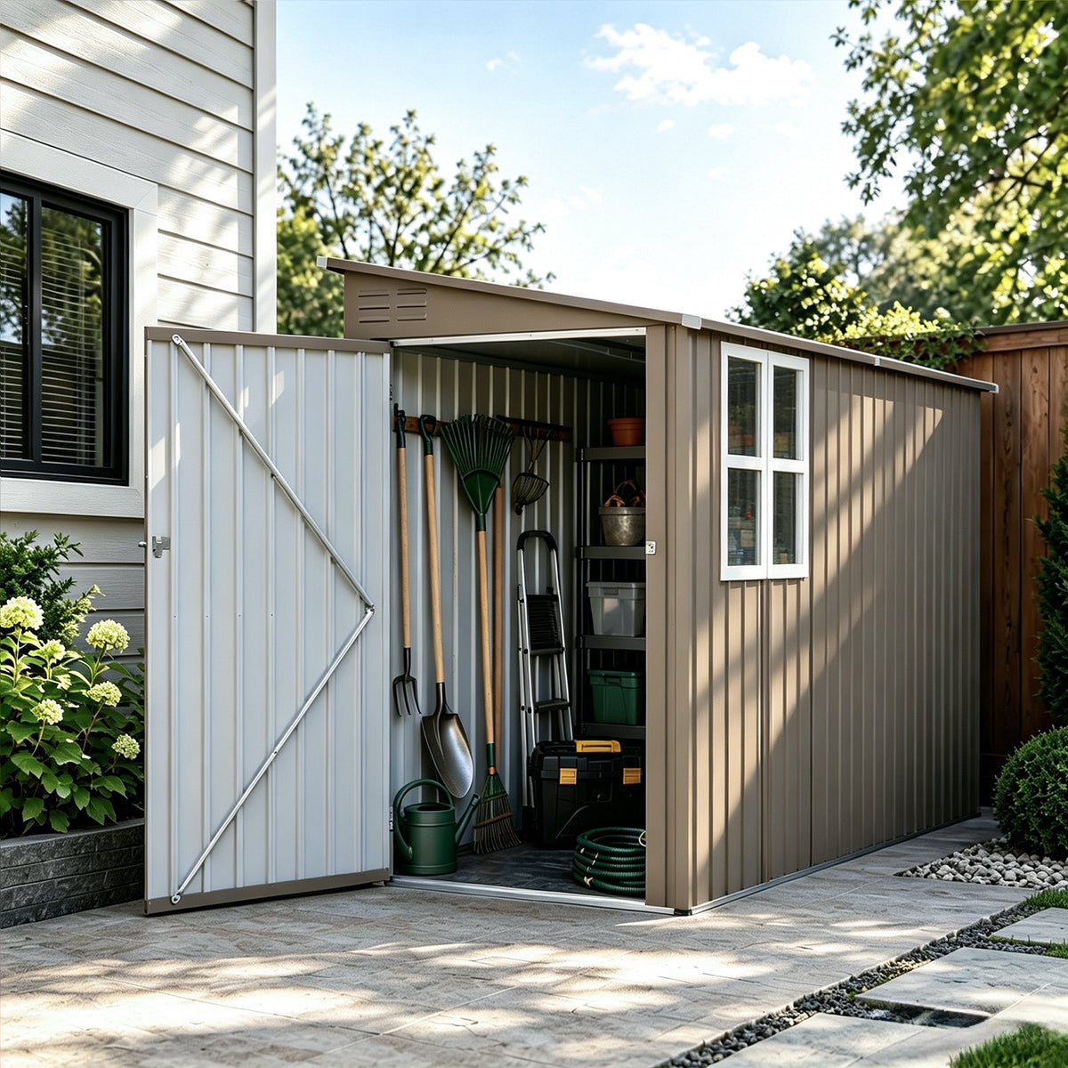 4*9FT Olive Grey Outdoor Metal Storage Shed, Galvanized Thick Frame Color Steel Tool House with Light-transmitting Window for Backyard Garden Equipment Storage(3.97*9.22ft)