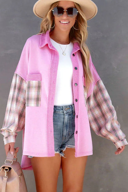 Rose Plaid Patchwork Chest Pockets Oversized Shirt Shacket - Eloy Royal