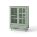 Minimalism Buffet Cabinet with Double Glass Doors and Drawer, Modern Wooden Storage Sideboard Cupboard, Mint Green, MDF and Solid Wood, 28''x15''x36.22''