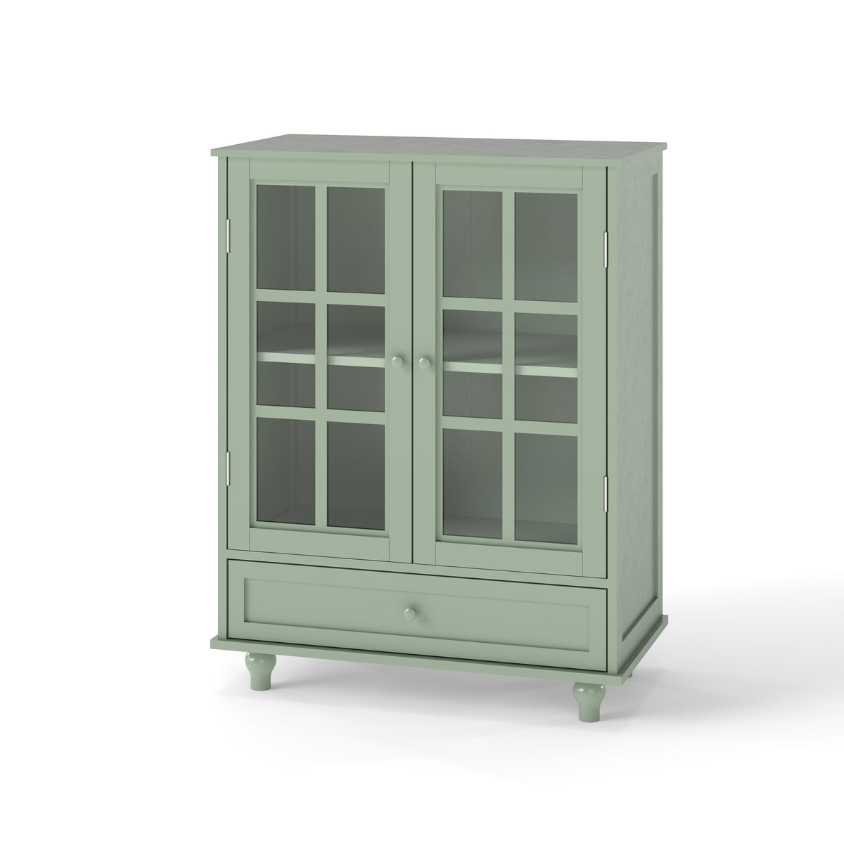 Minimalism Buffet Cabinet with Double Glass Doors and Drawer, Modern Wooden Storage Sideboard Cupboard, Mint Green, MDF and Solid Wood, 28''x15''x36.22''