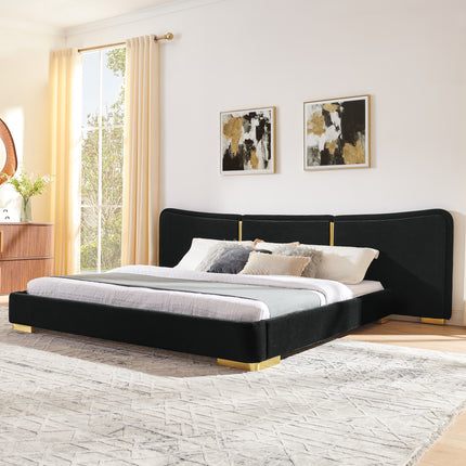 King Size Extra Large Platform Bed, Soft Chenille Fabric Frame, Curved Headboard, Reinforced Electroplated Metal Legs, Flexible DIY Side Space Design-Black