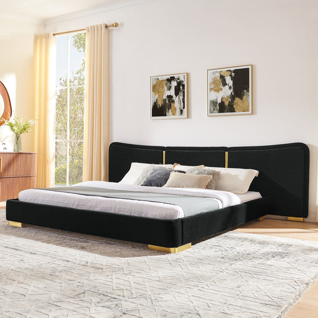 King Size Extra Large Platform Bed, Soft Chenille Fabric Frame, Curved Headboard, Reinforced Electroplated Metal Legs, Flexible DIY Side Space Design-Black