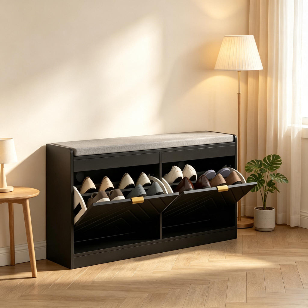 Narrow Upholstered Entryway Storage Bench, Shoe Rack Bench with 2 Flip Drawers & 2 Vents, Holds 8 Pairs of Shoes