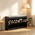Narrow Upholstered Entryway Storage Bench, Shoe Rack Bench with 2 Flip Drawers & 2 Vents, Holds 8 Pairs of Shoes