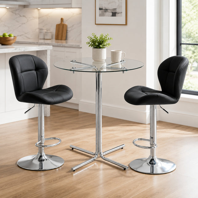 Round Tempered Glass Bar Table Set with 2 Adjustable Height Swivel Bar Stools, Modern Counter Height Bistro Table with Black Padded Bar Chairs for Kitchen, Breakfast Nook, Home Bar