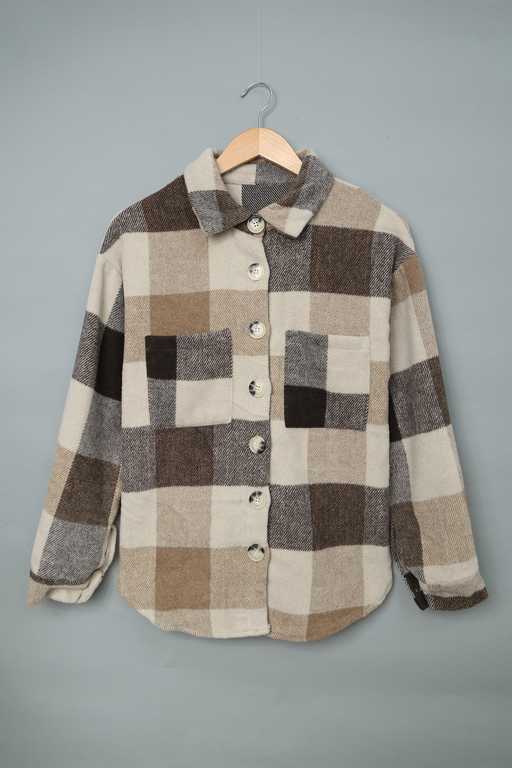 Grey Plaid Color Block Pockets Buttoned Shacket - Eloy Royal