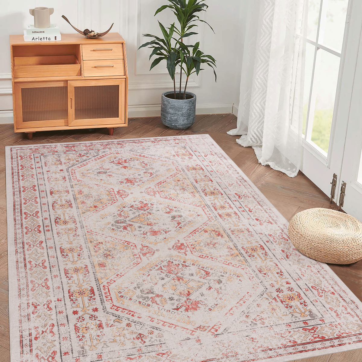 MAVAL Beige Washable Rug 8x10 Area Rug (Beige, 8' x 10') Modern, Contemporary, Non-Shedding & Easy to Clean, Ideal for Living Room, Bedroom, Dining Space, 120*96 inch