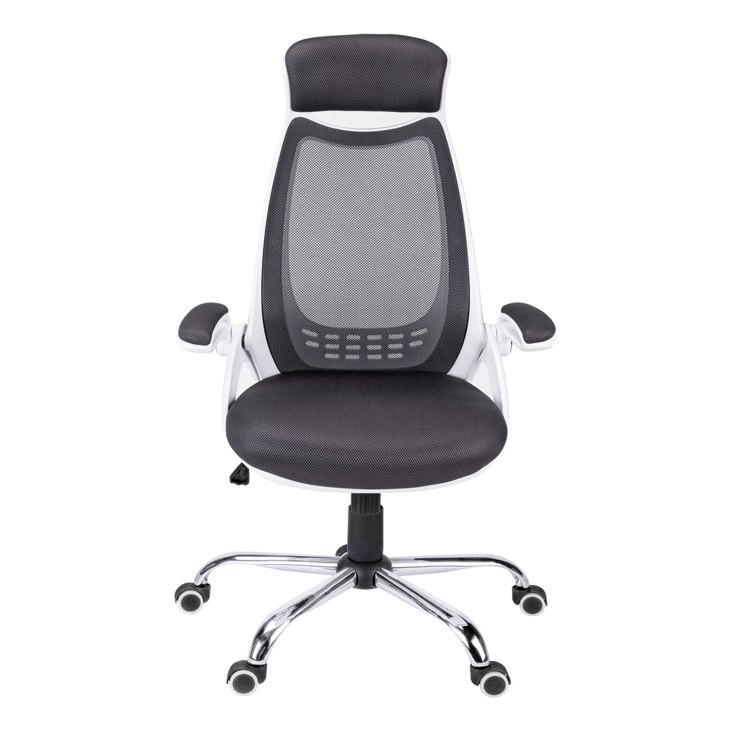 Contemporary Office Chair with Adjustable Height, Swivel, Ergonomic Design, Grey Mesh Fabric, Chrome Metal Base, Modern Work Desk Chair