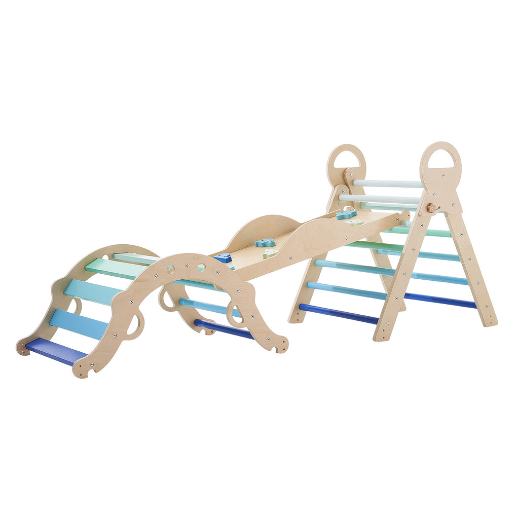 Pikler Triangle Set, 9-in-1 Toddler Climbing Toys Indoor, with 2 Wooden Cars, Cushion, Triangle, Arch, and Ramp, 150 lbs Load, Foldable Montessori Climbing Set for Toddlers and Kids, Blue