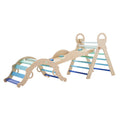 Pikler Triangle Set, 9-in-1 Toddler Climbing Toys Indoor, with 2 Wooden Cars, Cushion, Triangle, Arch, and Ramp, 150 lbs Load, Foldable Montessori Climbing Set for Toddlers and Kids, Blue