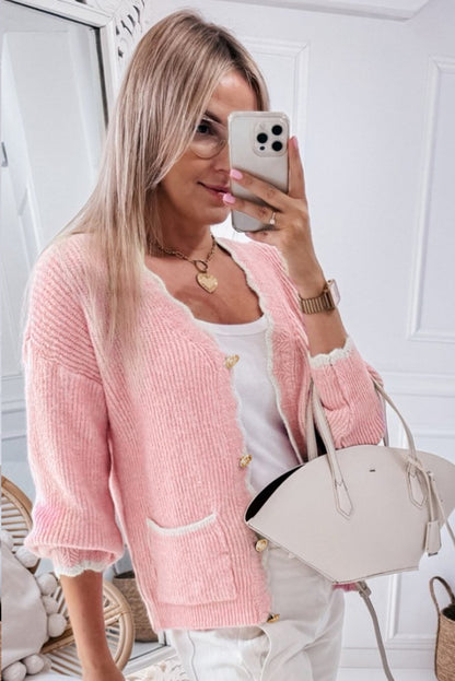 Pink Ribbed Knit Scalloped Edge Side Pockets Buttoned Cardigan