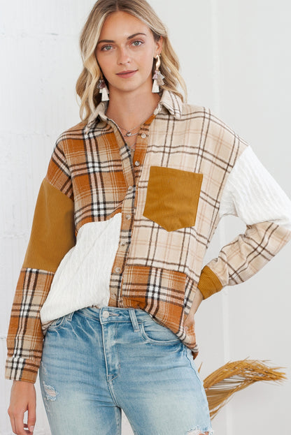 Wholesale Orange Plaid Color Block Patchwork Pocket Shirt Shacket - Eloy Royal