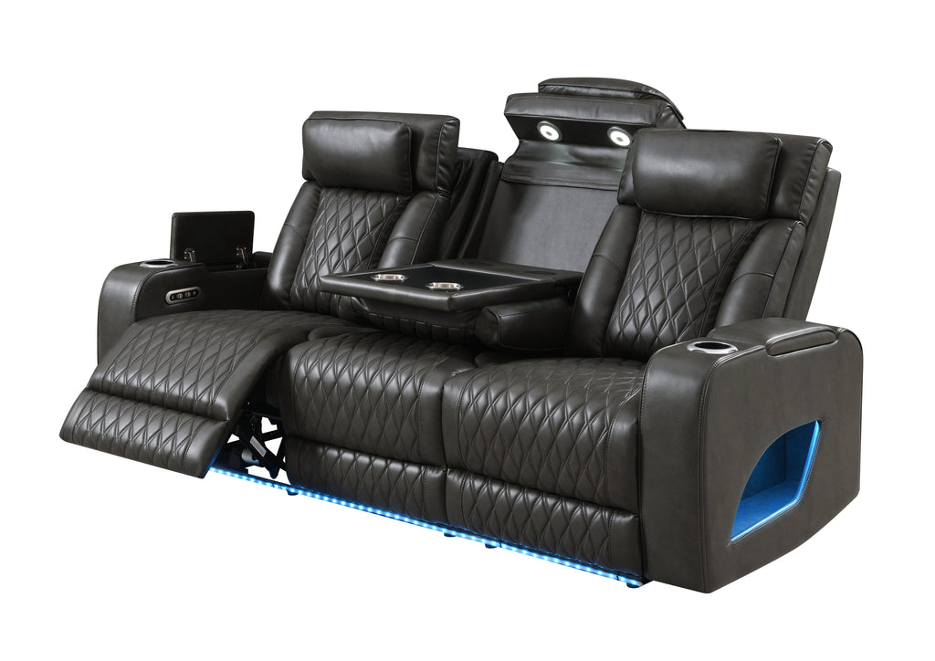 Taddeo Dark Gray Synthetic Leather Power Motion Sofa w/Power Headrest, USB, Wireless Charger, LED & Reading Light
