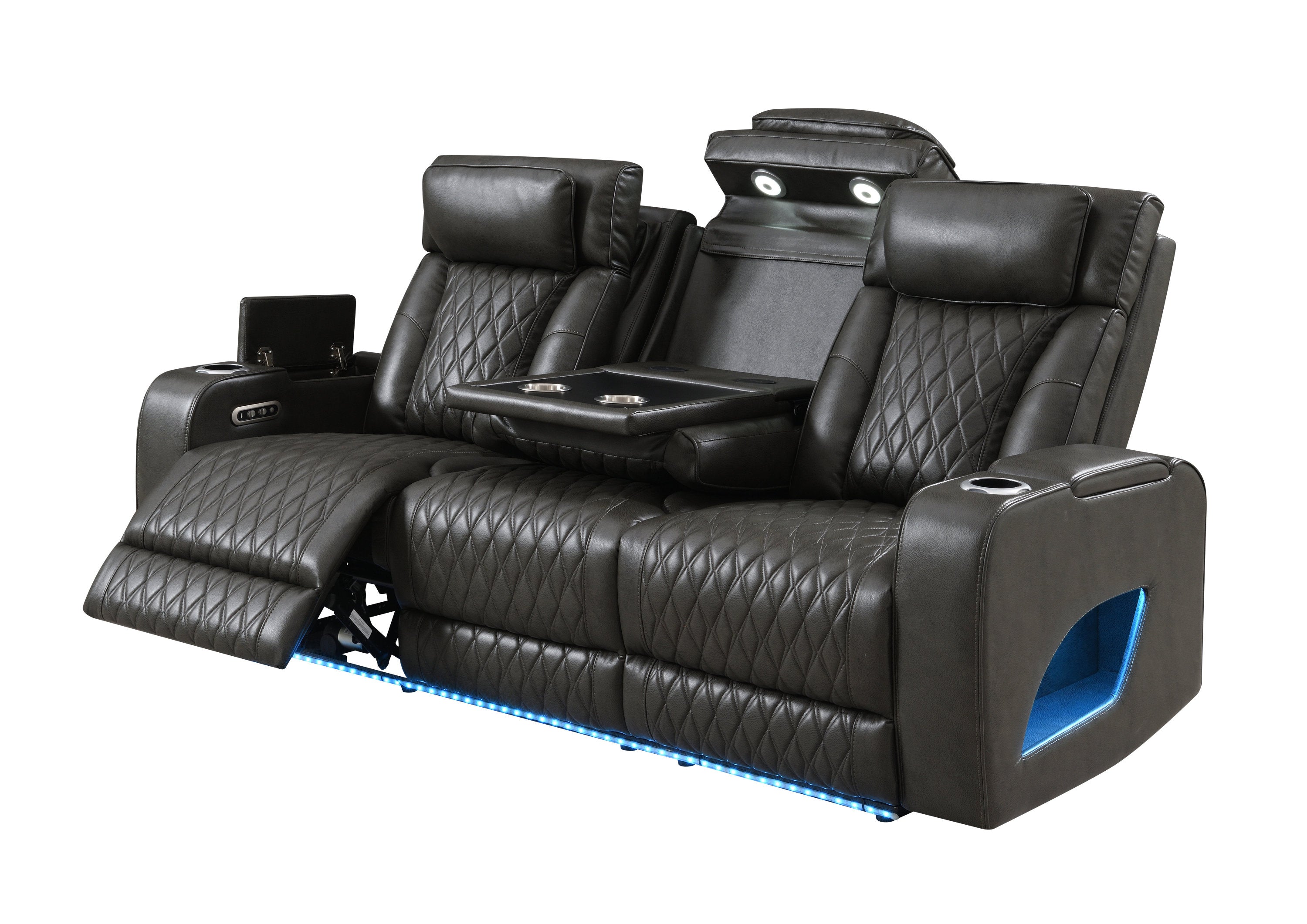 Taddeo Dark Gray Synthetic Leather Power Motion Sofa w/Power Headrest, USB, Wireless Charger, LED & Reading Light